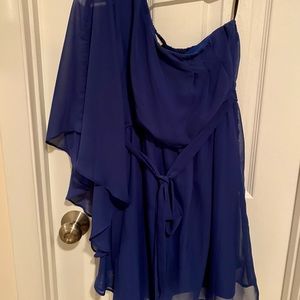 Flowy, one shoulder, blue, knee length dress